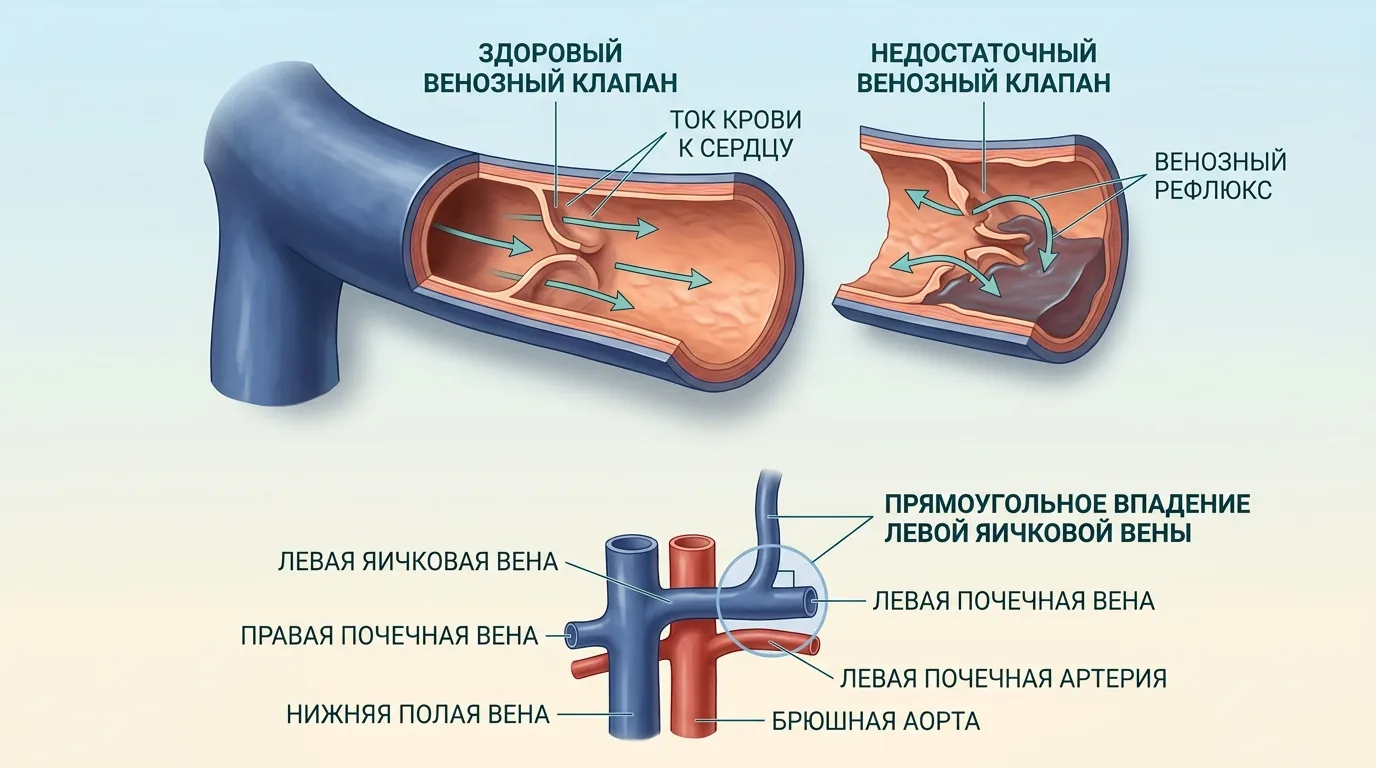 Схема: несостоятельные клапаны вен — причина варикоцеле